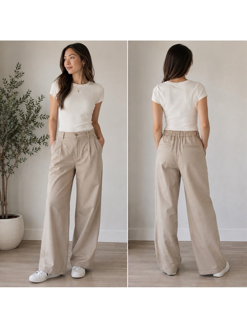 Uniqlo Pants Womens S Khaki Wide Leg Chino High Rise Cotton Twill Minimalist